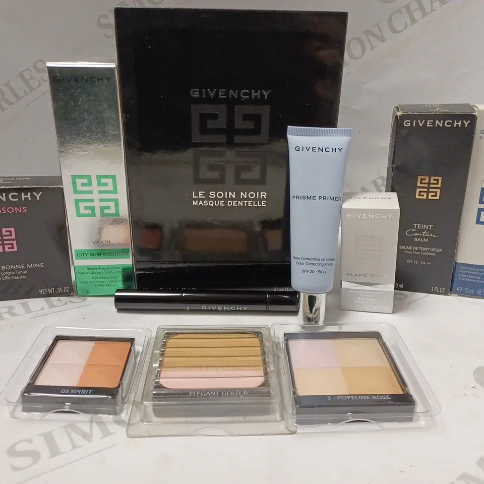 BOX OF APPROX 50 ASSORTED GIVENCHY PRODUCTS TO INCLUDE LE SOIN NOIR LACE MASKS, HEALTHY GLOW POWDER, BLANC DIVIN BRIGHTENING PURIFYING FOAM, ETC 