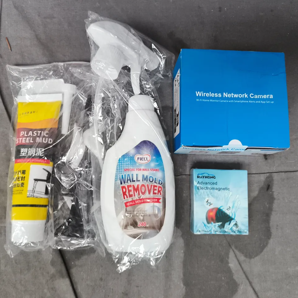 APPROXIMATELY 10 ASSORTED HOUSEHOLD ITEMS TO INCLUDE WALL MOLD REMOVER, WIRELESS NETWORK CAMERA, ANTIFREEZE SNOW REMOVAL DEVICE, ETC