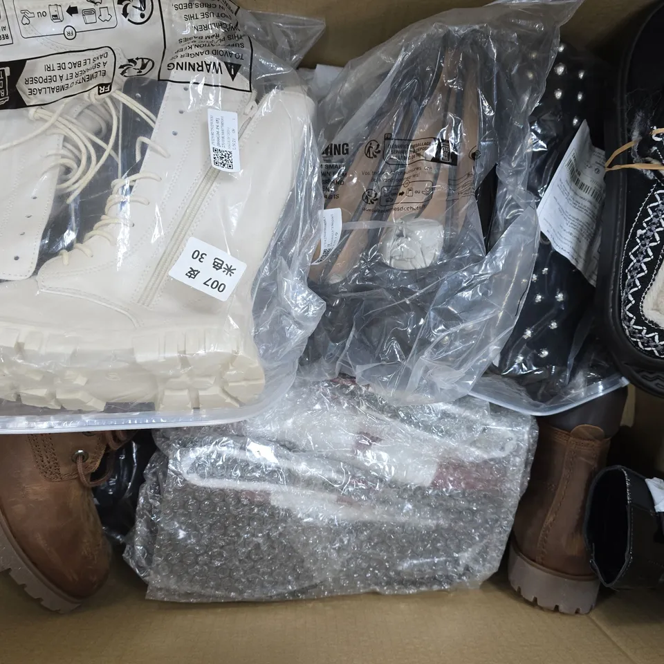 BOX OF APPROXIMATELY 15 ASSORTED PAIRS OF SHOES AND FOOTWEAR ITEMS IN VARIOUS COLOURS, STYLES, AND SIZES - COLLECTION ONLY