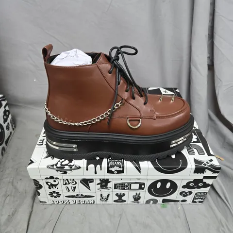BOXED PAIR OF KOI THE SILENCE PLATFORM GRUNGE BOOTS IN BROWN - UK 8