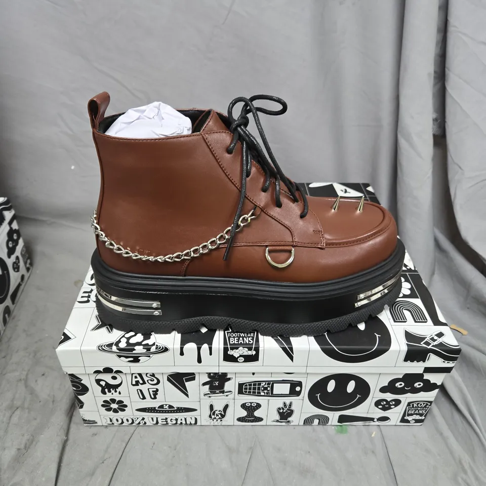 BOXED PAIR OF KOI THE SILENCE PLATFORM GRUNGE BOOTS IN BROWN - UK 8