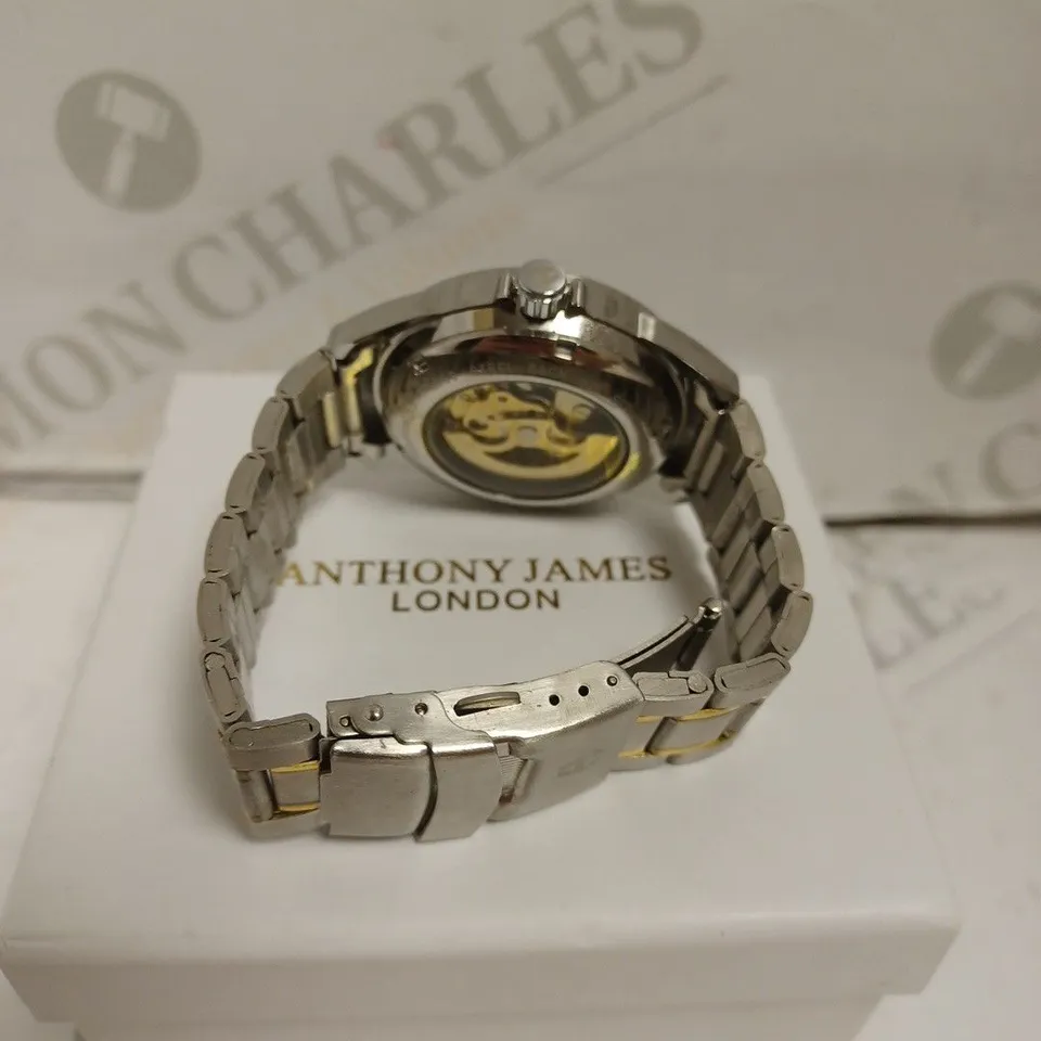BOXED ANTHONY JAMES WATCH - TWO TONE STAINLESS STEEL - AUTOMATIC - SKELETON FACE - WATER RESISTANT. 