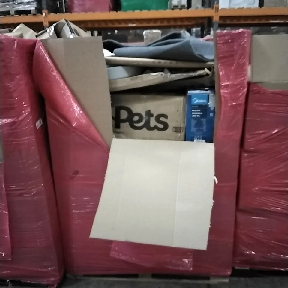 PALLET OF ASSORTED HOUSEHOLD GOODS AND PRODUCTS TO INCLUDE; AIR FRYER, PET PRODUCTS, BOXED FURNITURE ETC 