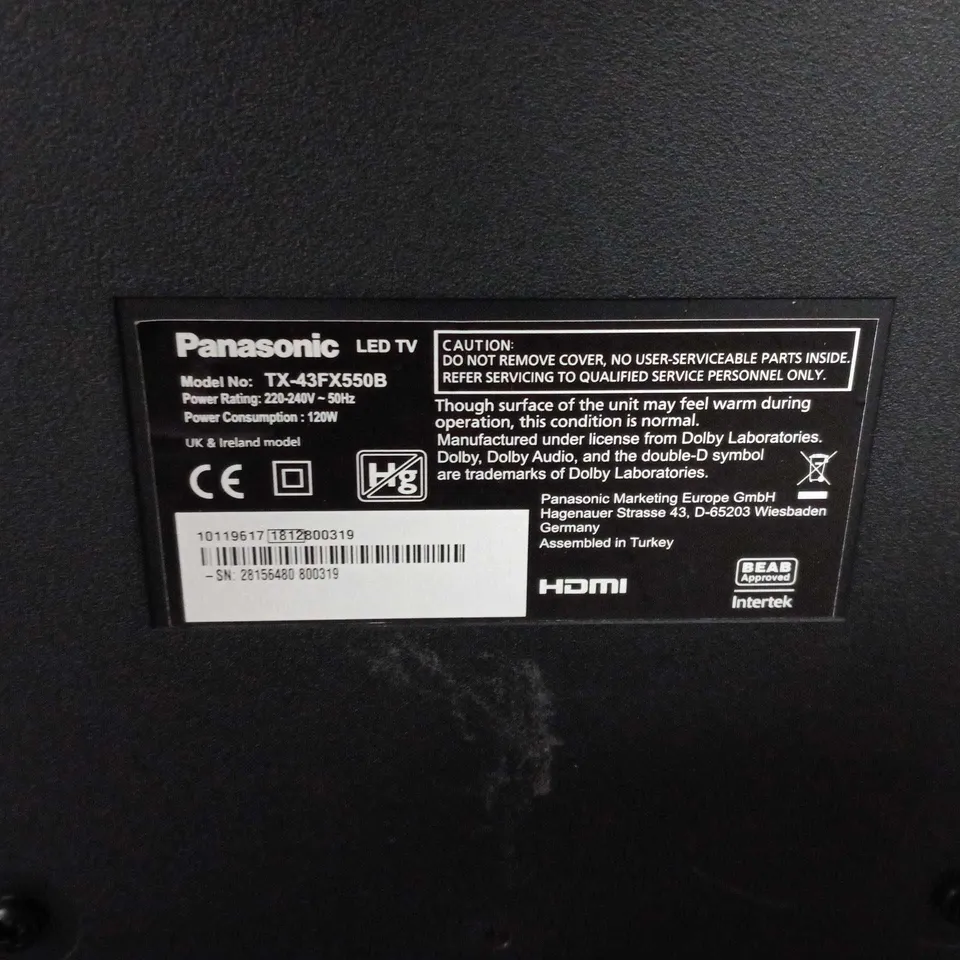 PANASONIC TX-43FX550B LED TV – 43 INCH - COLLECTION ONLY 