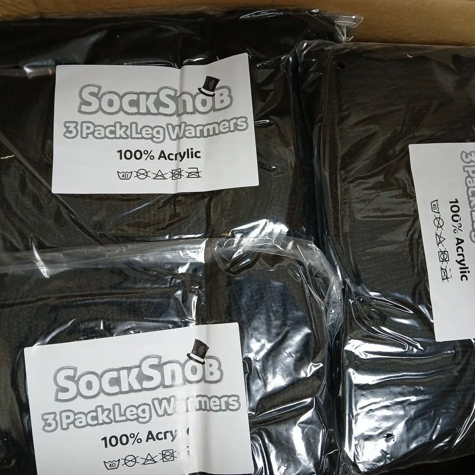 BOX OF APPROXIMATELY 20 BAGS TO INCLUDE 3 PAIRS OF LEG WARMERS IN BLACK - COLLECTION ONLY