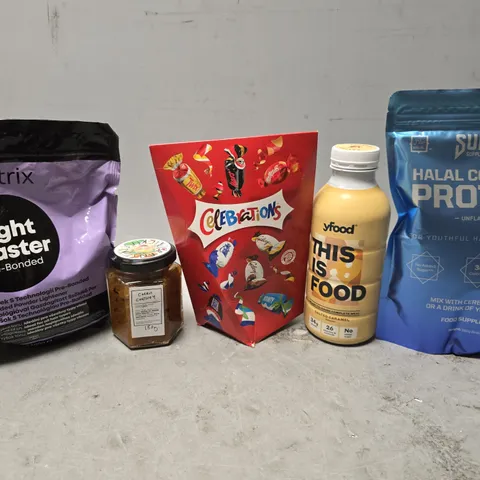 APPROXIMATELY 12 ASSORTED FOOD & DRINK ITEMS TO INCLUDE - MATRIX ,LIGHT MASTER PRE BONDED , CELEBRATIONS  , SUNNA HALAL COLLAGEN PROTEIN ETC