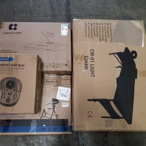 PALLET OF ASSORTED PRODUCTS INCLUDING MASSAGE TABLE, COOKER HOOD, RELAXATION FOOT SPA, FOLDING SIDE TABLE