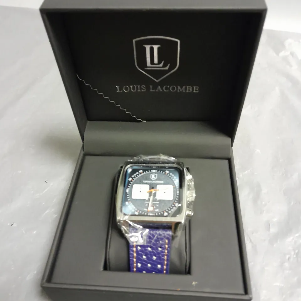 MENS LOUIS LACOMBE WATCH WITH SQUARE DIAL WITH WHITE SUB DIALS, LEATHER STRAP – 3ATM – HAND ASSEMBLED