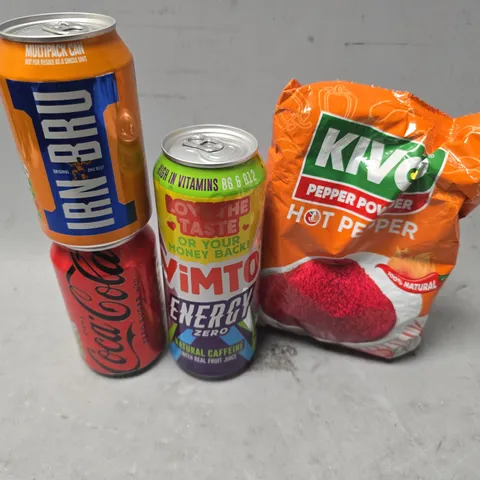 APPROXIMATELY 7 ASSORTED FOOD & DRINK ITEMS TO INCLUDE - IRNBRU , VIMTO ENERGY , HOT PEPPER POWDER ETC