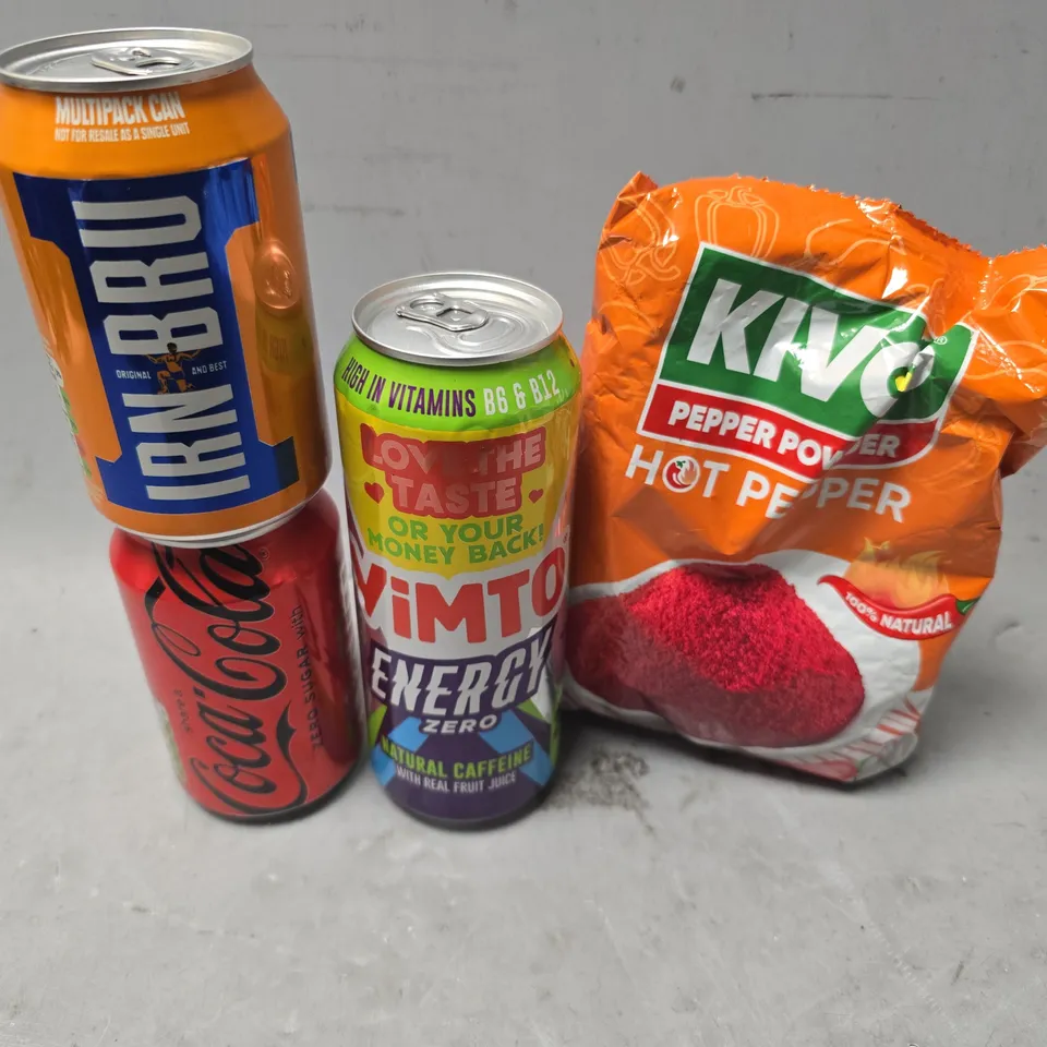 APPROXIMATELY 7 ASSORTED FOOD & DRINK ITEMS TO INCLUDE - IRNBRU , VIMTO ENERGY , HOT PEPPER POWDER ETC
