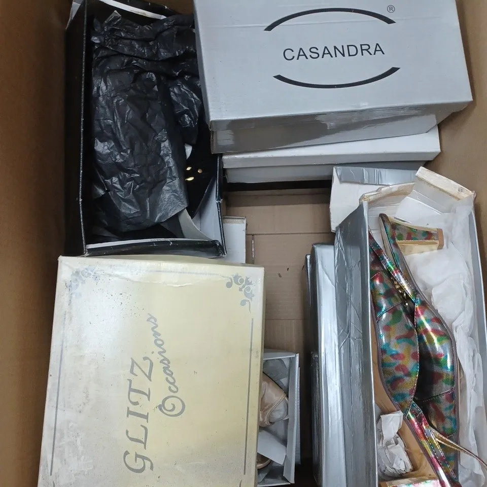 BOX OF APPROXIMATELY 15 ASSORTED SHOES TO INCLUDE BLACK HEELS, GOLD HEELS, RED HEELS ETC