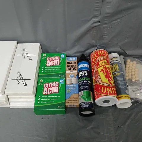 APPROXIMATELY 10 ASSORTED HOUSEHOLD ITEMS TO INCLUDE CITRIC ACID, C95 FIXATOR, AND MANUNITED CUP ETC. 