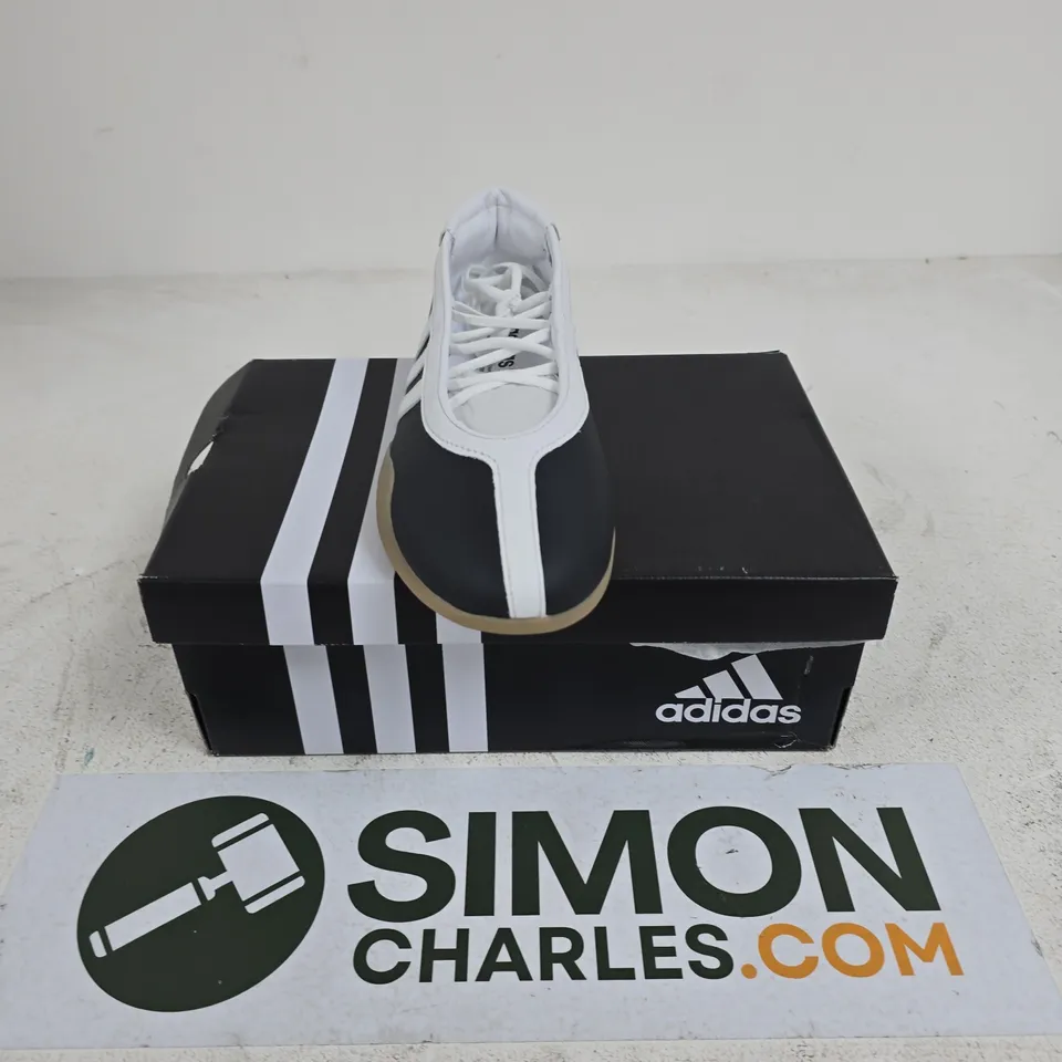 BOXED PAIR OF ADIDAS TAEKWANDO MEI BALLET W SHOES IN BLACK/WHITE - UK 6