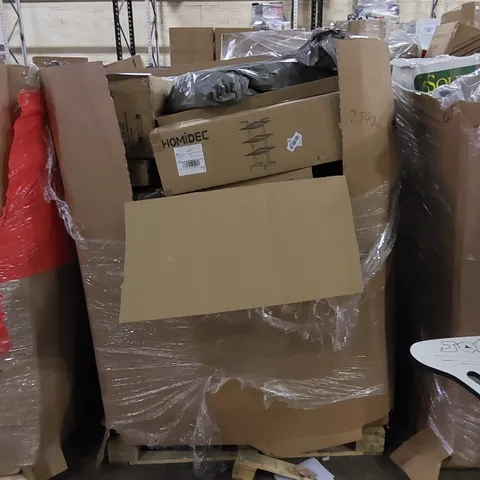 PALLET TO CONTAIN ASSORTED HOUSEHOLD ITEMS AND CONSUMER PRODUCTS. INCLUDING FOLDING STORAGE OTTOMAN, FOLDING CHAIRS, PURIFIER AND HEATER FAN, BOXED FURNITURE ETC