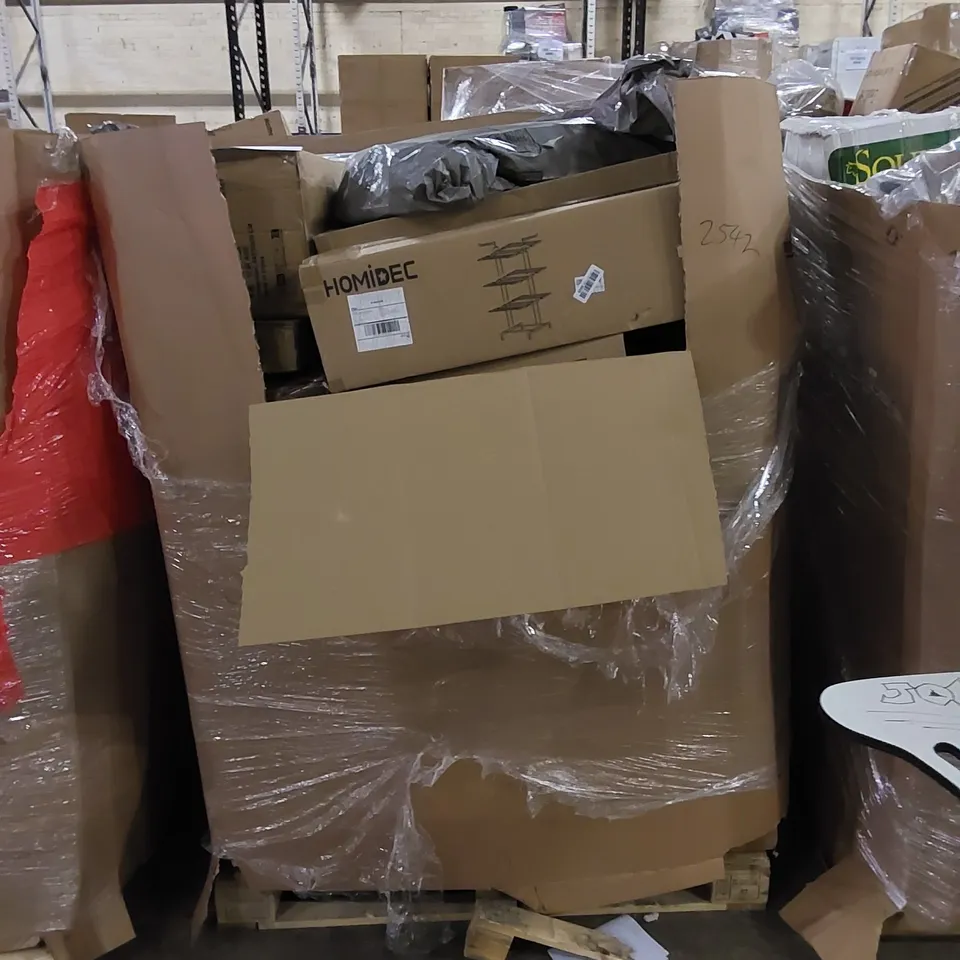 PALLET TO CONTAIN ASSORTED HOUSEHOLD ITEMS AND CONSUMER PRODUCTS. INCLUDING FOLDING STORAGE OTTOMAN, FOLDING CHAIRS, PURIFIER AND HEATER FAN, BOXED FURNITURE ETC