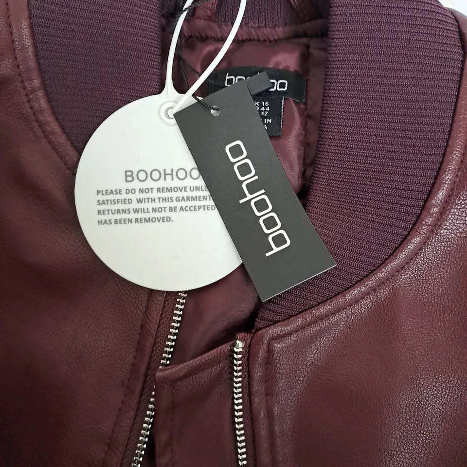 BOOHOO OVERSIZED FAUX LEATHER BOMBER JACKET IN WINE SIZE 16