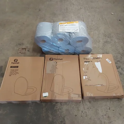 PALLET OF ASSORTED HOUSEHOLD GOODS AND PRODUCTS TO INCLUDE; A LARGE QUANTITY OF TOILET SEATS, HAND TOWEL ROLLS, BOXED FURNITURE ETC
