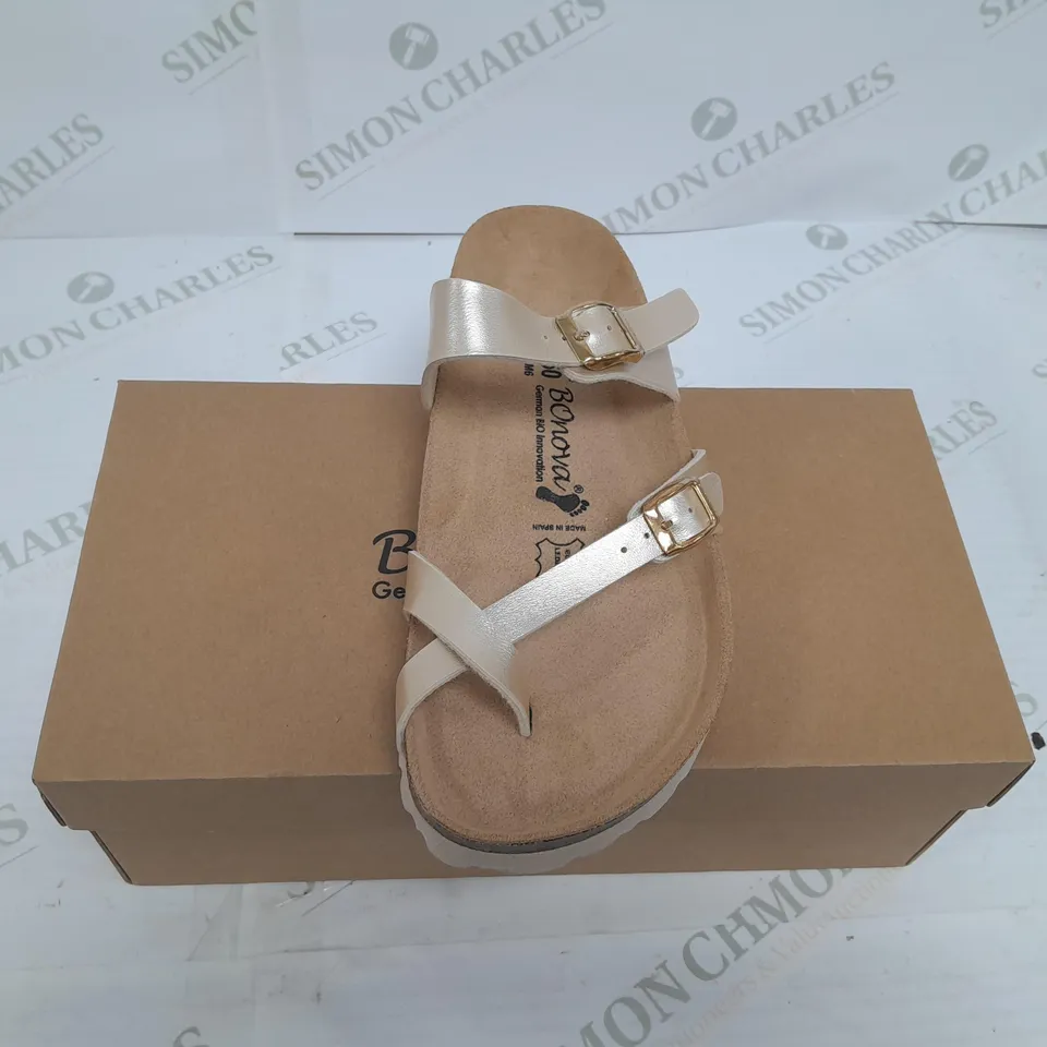 BOXED PAIR OF BONOVA SANDALS IN METALLIC GOLD COLOUR SIZE 6