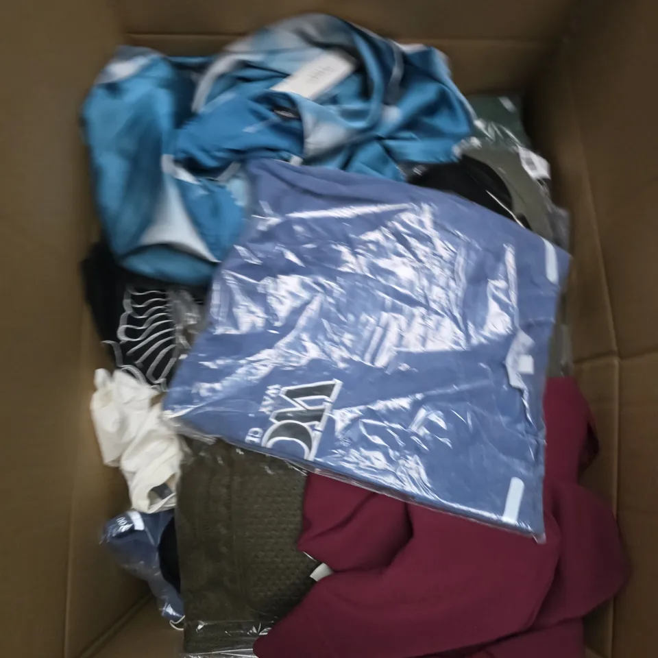 LARGE BOX OF APPROXIMATELY 25 ASSORTED CLOTHING ITEMS IN VARIOUS COLOURS, STYLES AND SIZES - COLLECTION ONLY