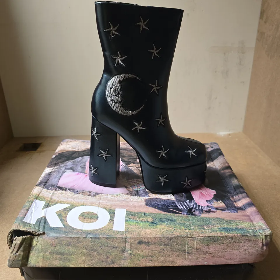 KOI MOON & STAR EMBROIDERED PLATFORM BOOTS - UK 4