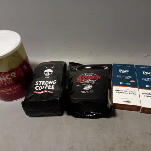 LOT OF APPROXMATELY 5 ITEMS TO INCLUDE - KENCO SMOOTH 750G, PACT COFFEE, AND STRONG COFFEE TO WAKE THE DEAD ETC.