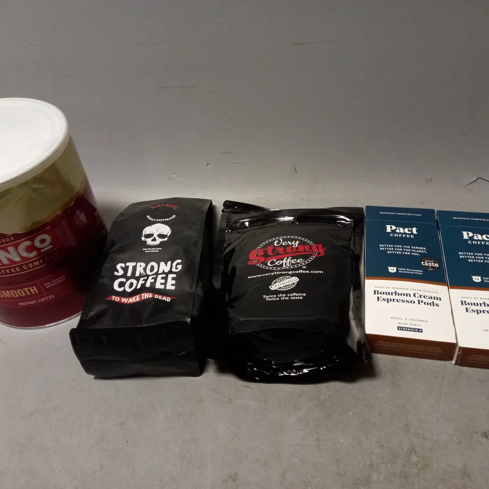 LOT OF APPROXMATELY 5 ITEMS TO INCLUDE  - KENCO SMOOTH 750G, PACT COFFEE, AND STRONG COFFEE TO WAKE THE DEAD ETC. 