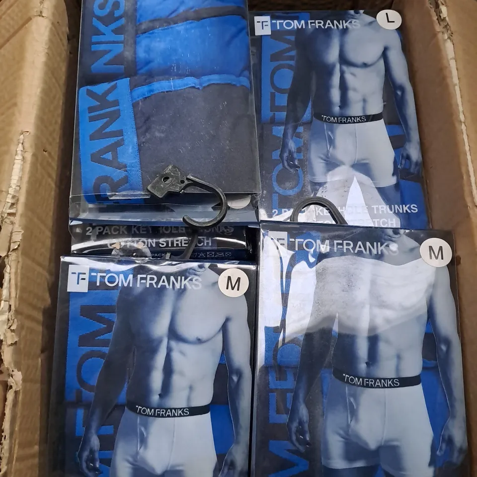 BOX OF APPROXIMATELY 20 PACKS OF TOM FRANKS BOXER SHORTS  - SIZES VARY 