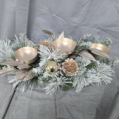 FESTIVE FROSTED GARLAND WITH PINE CONES AND GOLD CANDLE HOLDERS