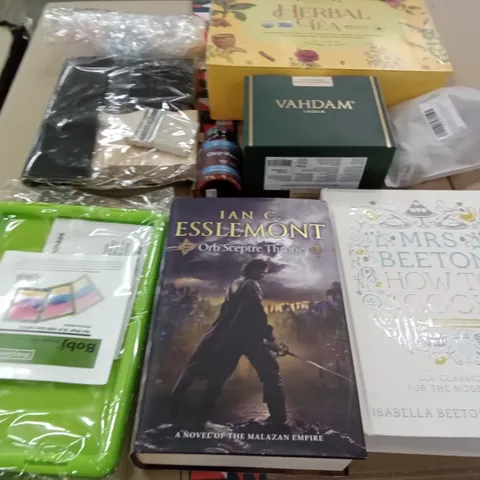 PALLET OF ASSORTED ITEMS INCLUDING ORB SCEPTRE THRONE BOOK, HOW TO COOK BOOK, RUGGED TABLET CASE, VAHDAM BLACK TEA, VAHDAM HERBAL TEAS, WOOD CARVING SET