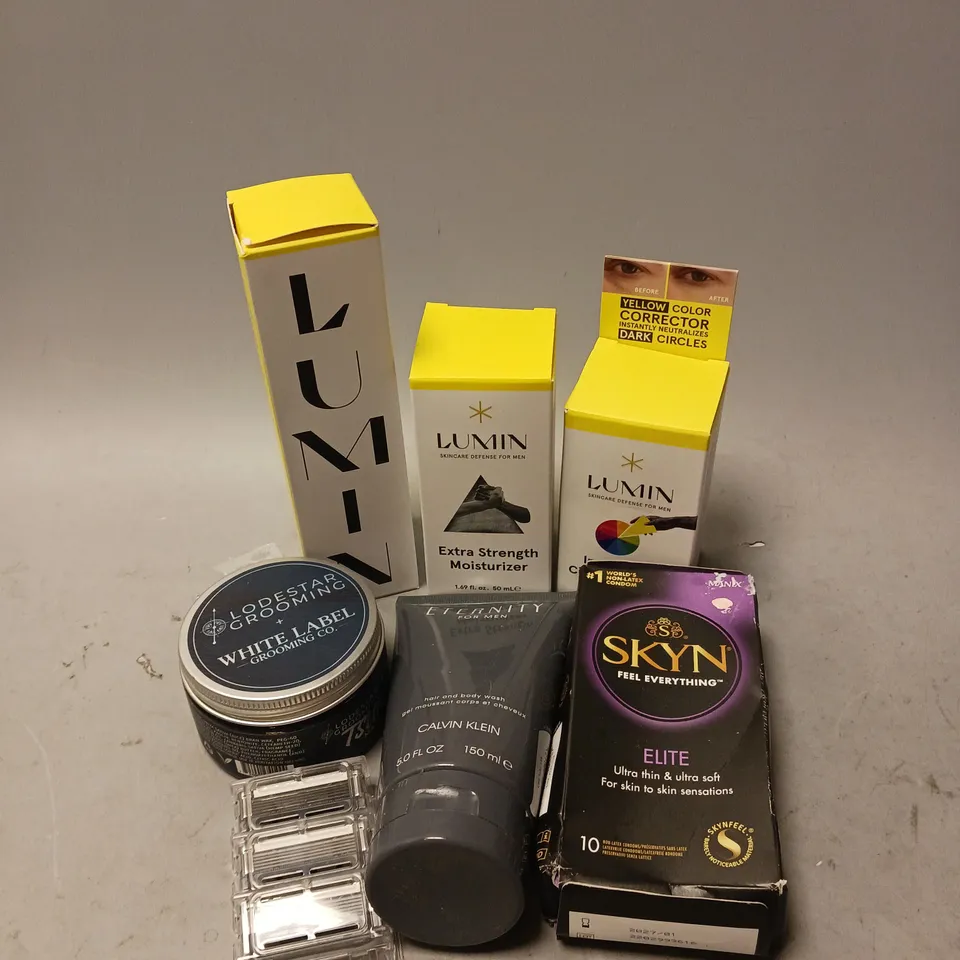 BOX OF APPROXIMATELY 6 COSMETIC ITEMS TO INCLUDE - LUMIN EXTRA STRENGTH MOISTURIZER - LODESTAR GROOMING TSUNAMI MATTE CREAM - CALVIN KLEIN ETERNITY BODY WASH - ETC