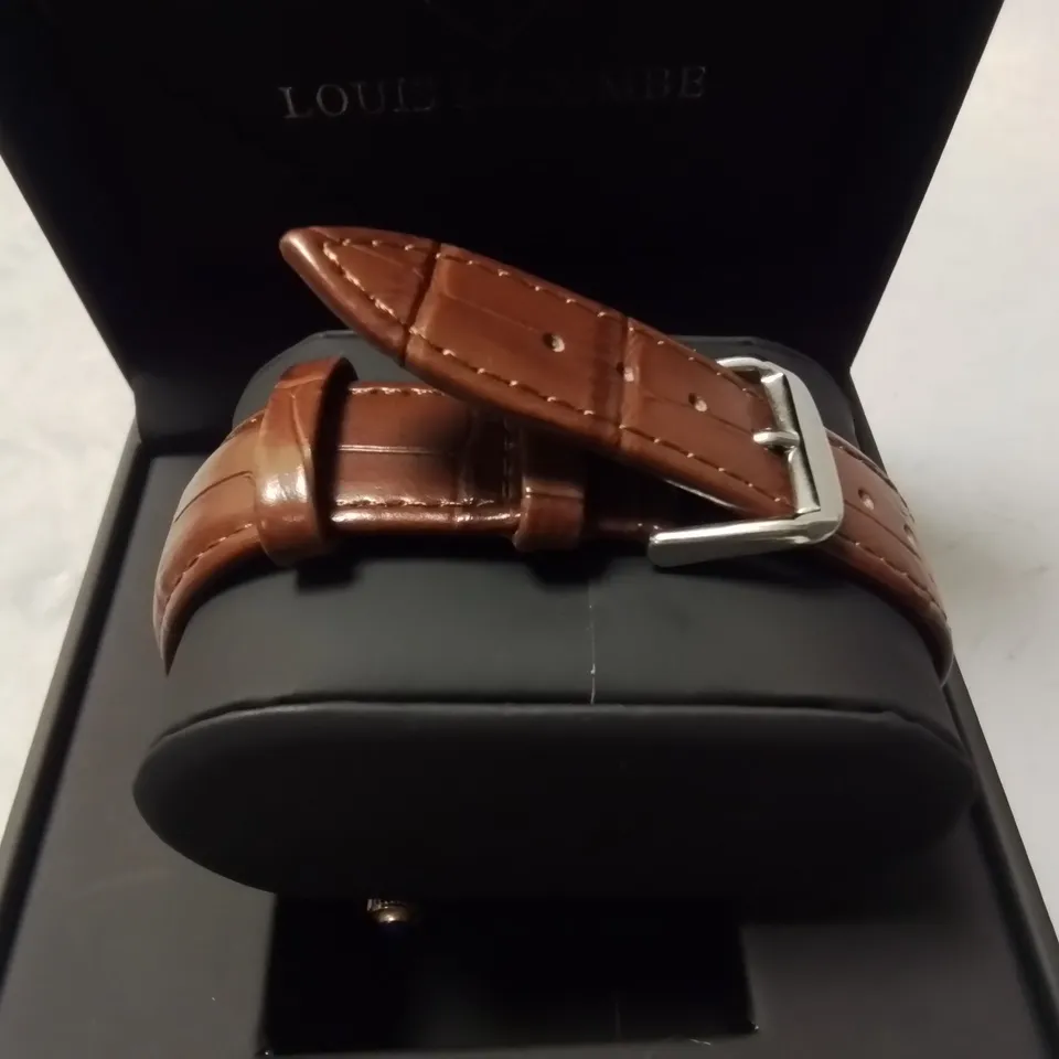 LOUIS LACOMBE STAINLESS STEEL GENTS WATCH WITH TEXTURED DIAL AND BROWN LEATHER STRAP IN GIFT BOX