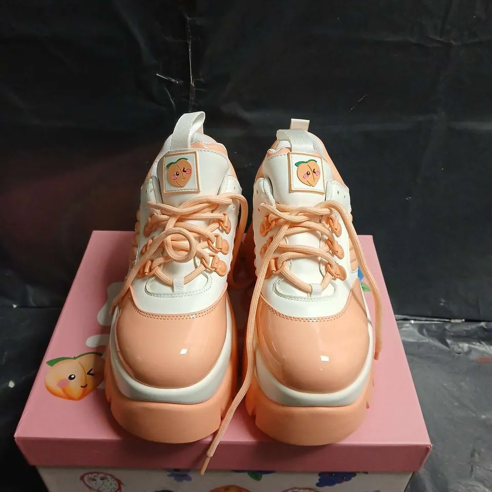 BOXED PAIR OF KOI PEACH/ORANGE PLATFORM TRAINERS -  UK SIZE 4 