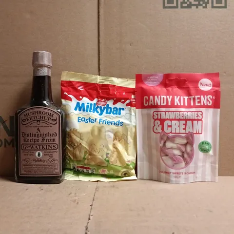 APPROXIMATELY 10 ASSORTED FOOD AND DRINK ITEMS TO INCLUDE MILKYBAR EASTER FRIENDS, MUSHROOM KETCHUP, CANDY KITTENS, ETC