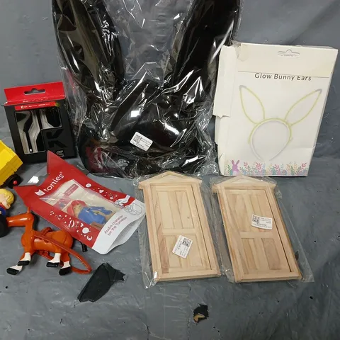 TOTE OF ASSORTED TOYS AND ACCESSORIES TO INCLUDE; TONIES CHARACTERS, K FLEX DART FLIGHTS AND GLOW BUNNY EARS