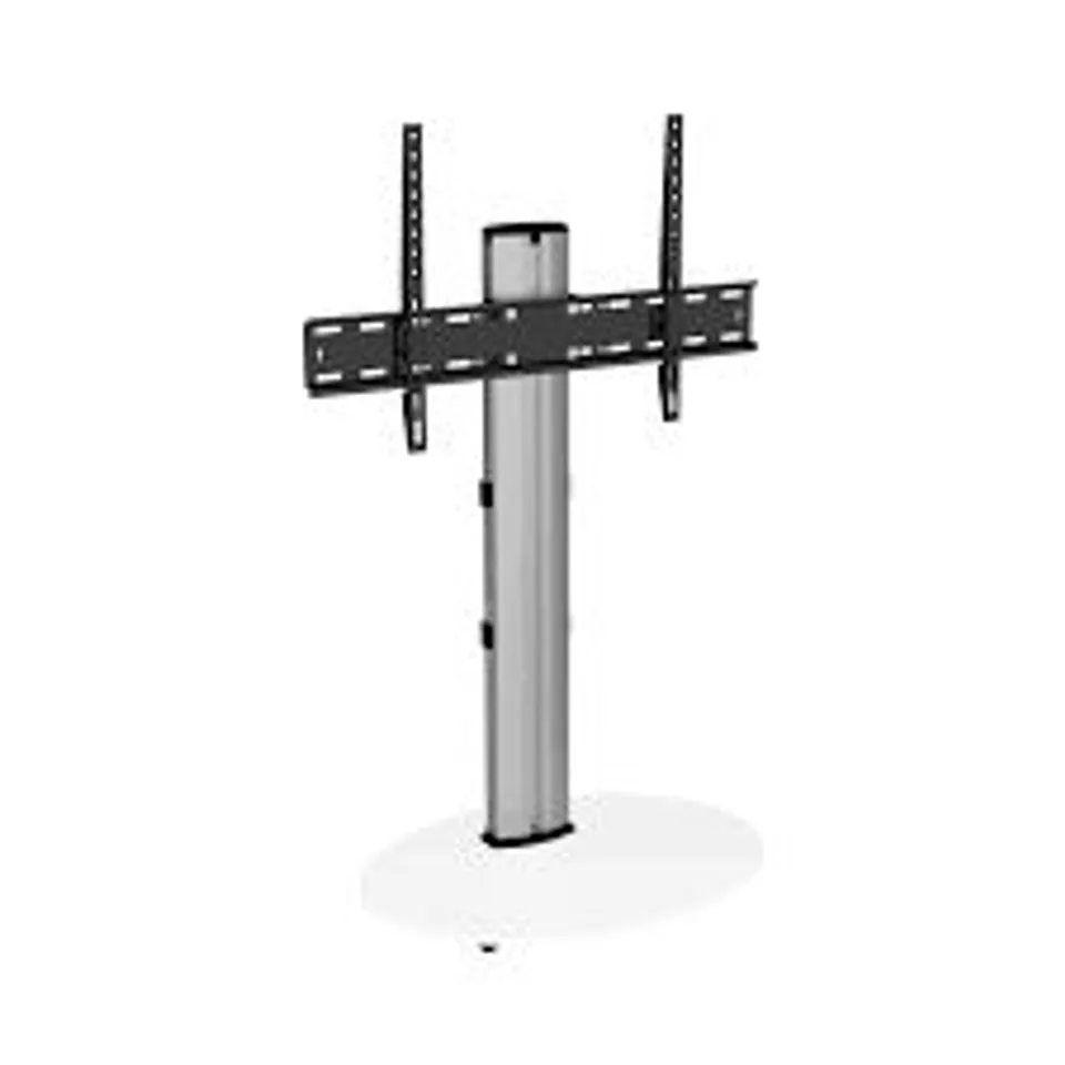 BOXED OVAL TV STAND WITH MOUNTING COLUMN - SILVER/WHITE GLASS (1 BOX)
