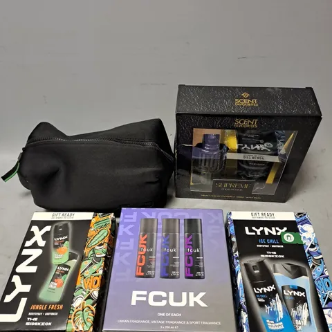 APPROXIMATELY 5 ASSORTED COSMETIC BOXSETS TO INCLUDE - FCUK ONE OF EACH FRAGRANCE SET - LYNX ICE CHILL BODY DUO - SCENT FAVOURITES SUPREME COLOGNE DUO - ETC