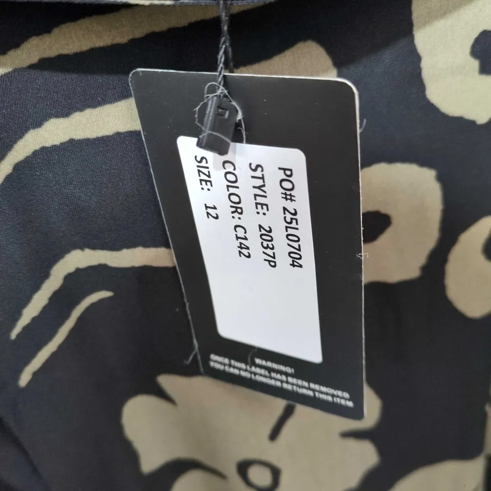 LOVE SUNSHINE WOMEN'S MAXI DRESS – BLACK & BEIGE FLORAL CAMOUFLAGE PRINT, COLLARED, WAIST BELT, UK SIZE 12
