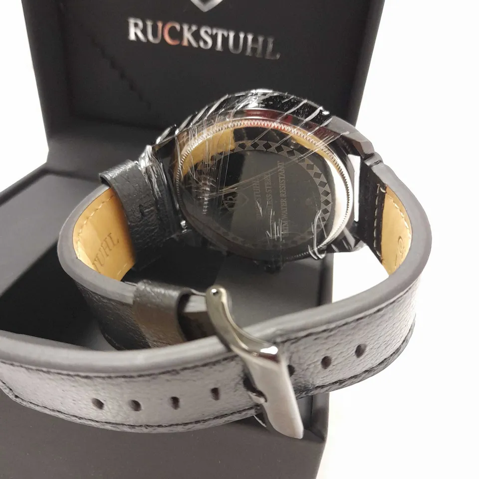 RUCKSTUHL TRIPLE DIAL BLACK LEATHER STRAP WRISTWATCH
