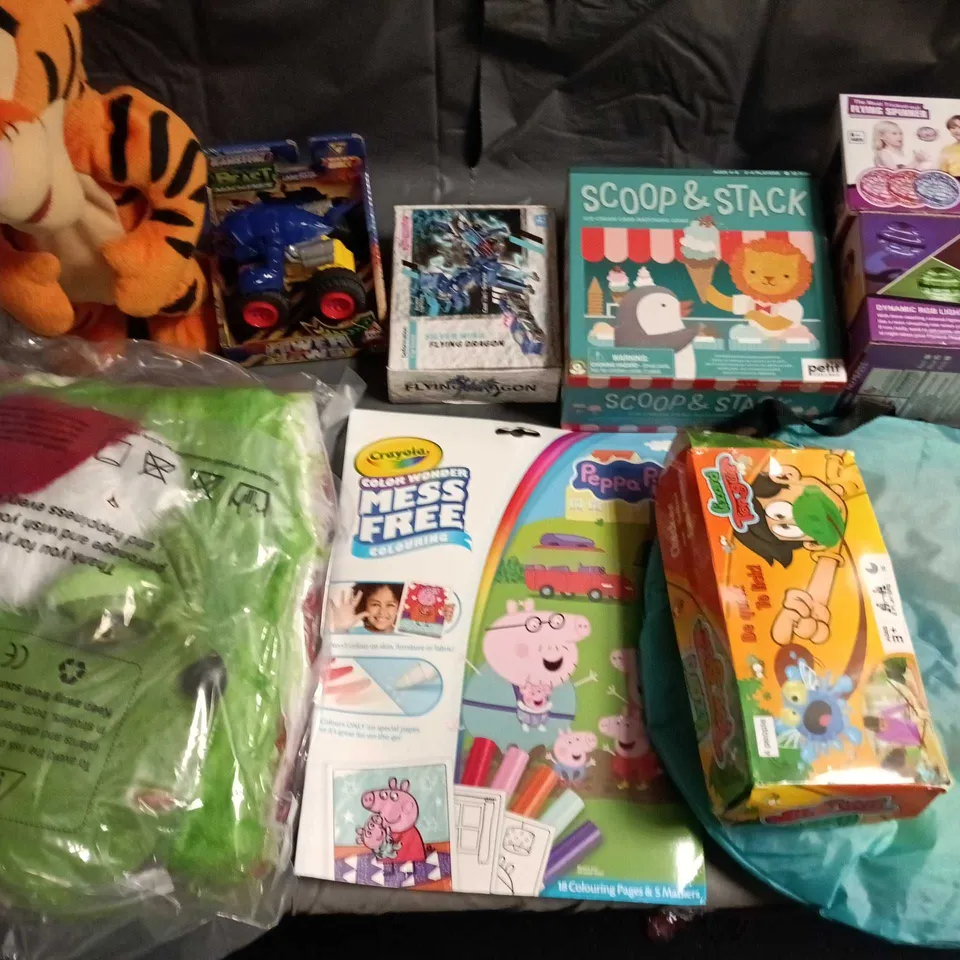 LARGE QUANTITY OF ASSORTED TOYS, GAMES AND DRESS UP ITEMS TO INCLUDE SCOOP N STACK,FLYNOVA PRO AND GRINCH COSTUME