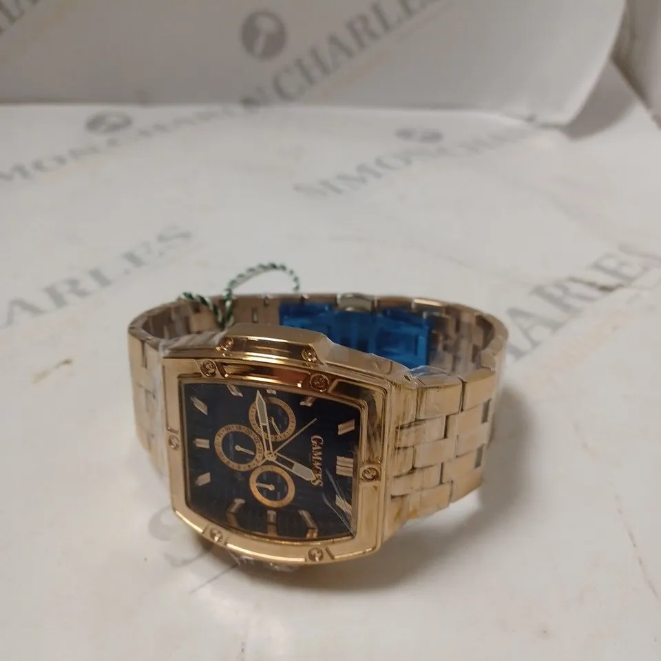 BOXED GAMAGES LONDON MAGNITUDE ROSE GOLD BLUE DIAL STAINLESS STEEL CHAIN LINK STRAP WATCH 