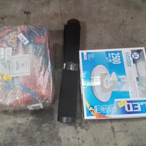 PALLET OF ASSORTED HOUSEHOLD GOODS AND PRODUCTS TO INCLUDE;RUG,FLOOR MAT, LED CEILING LIGHT, TWIST STEPPER, RETRACTABLE BABY GATE AND OTHER ASSORTED ITEMS...