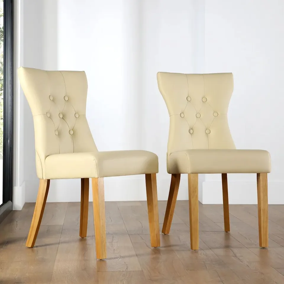 BOXED BEWLEY DINING CHAIR, IVORY PREMIUM FAUX LEATHER & NATURAL OAK FINISHED SOLID HARDWOOD (1 BOX)