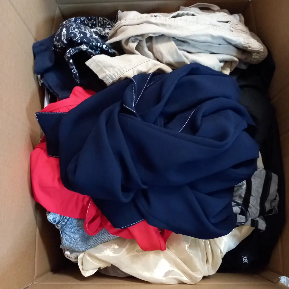  BOX OF ASSORTED CLOTHING ITEMS TOO INCLUDE DRESSES , SHIRTS AND TROUSERS IN VARIOUS SIZES AND COLOURS   