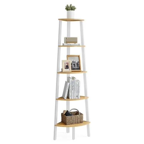 BOXED VASAGLE 5-TIER CORNER SHELF UNIT NATURAL OAK AND MATTE WHITE