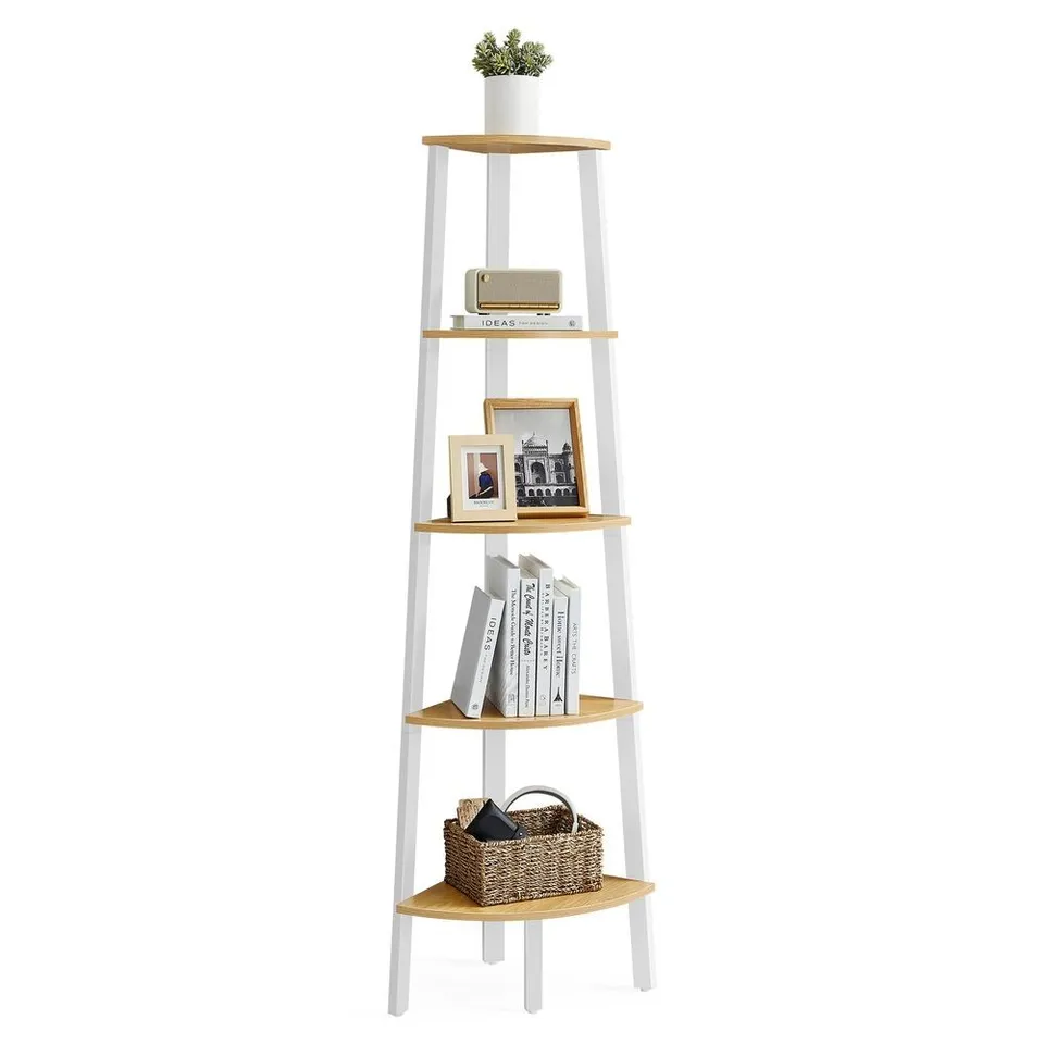 BOXED VASAGLE 5-TIER CORNER SHELF UNIT NATURAL OAK AND MATTE WHITE