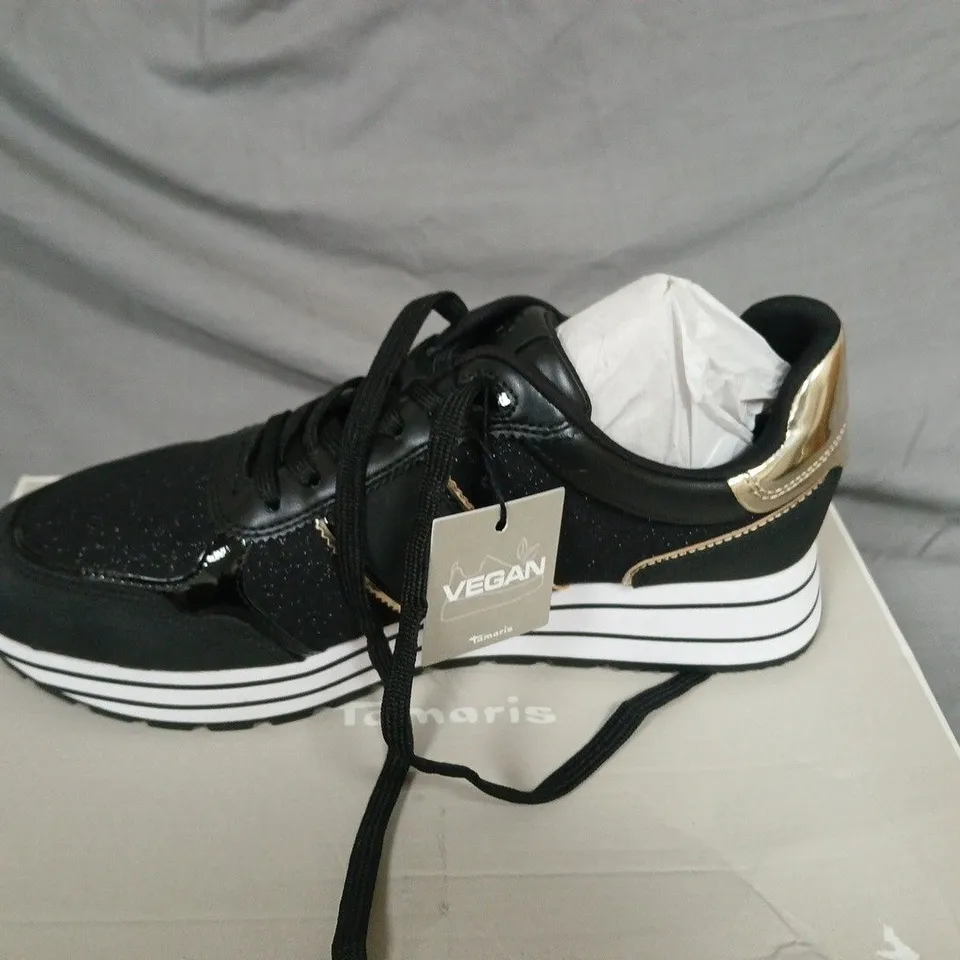 BOXED TAMARIS VEGAN WOMEN'S TRAINERS IN BLACK/GOLD, UK 8 (EU 41, US 10)