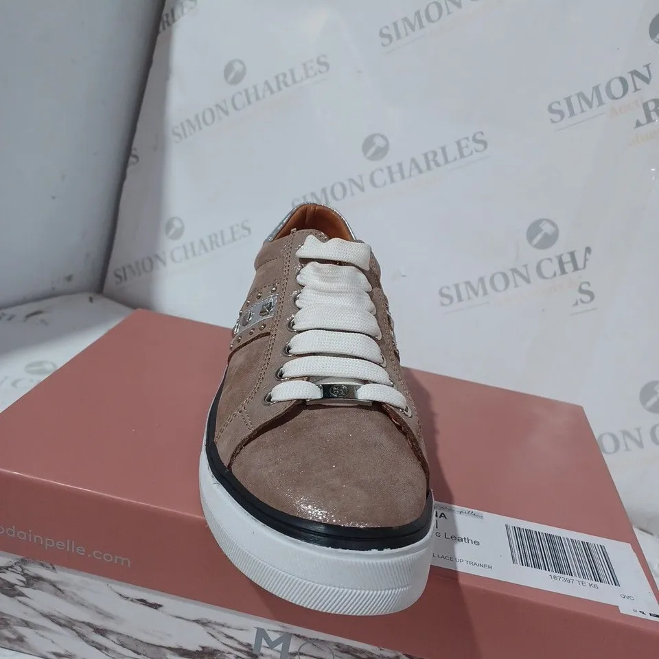 BOXED ALFINA TAUPE METALLIC LEATHER TRAINER SIZE 6
