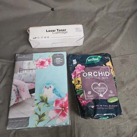 BOX OF APPROX 15 HOUSEHOLD ITEMS TOO INCLUDE DUVET COVER WITH PILLOW CASES, ORCHID POTTING MIX, LASER TONER CARTRIDGE , ETC 