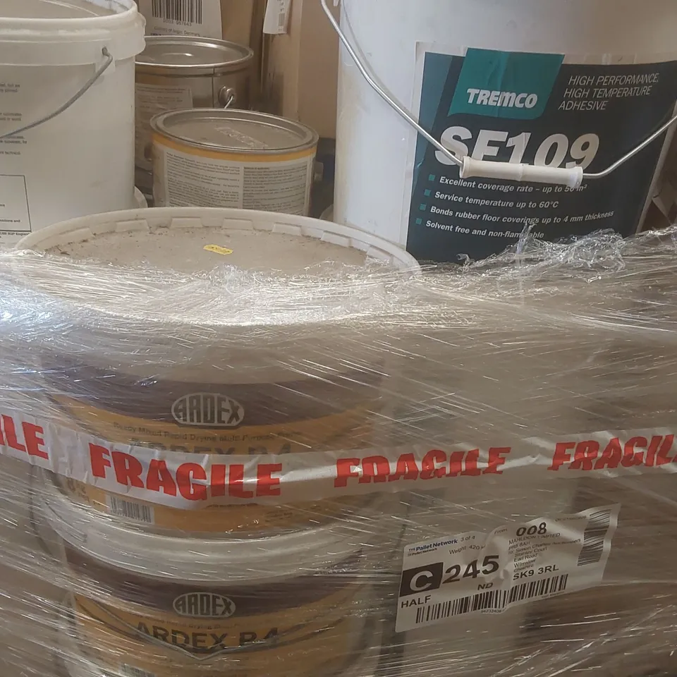 PALLET CONTAINING A VERY LARGE QUANTITY OF ASSORTED BUILDING SUPPLIES INCLUDING: HIGH TEMPERATURE ADHESIVE, READY MIXED RAPID DRYING MULTI-PURPOSE PRIMER, OIL REFRESHING SOAP, WOCA MASTER FLOOR OIL EC