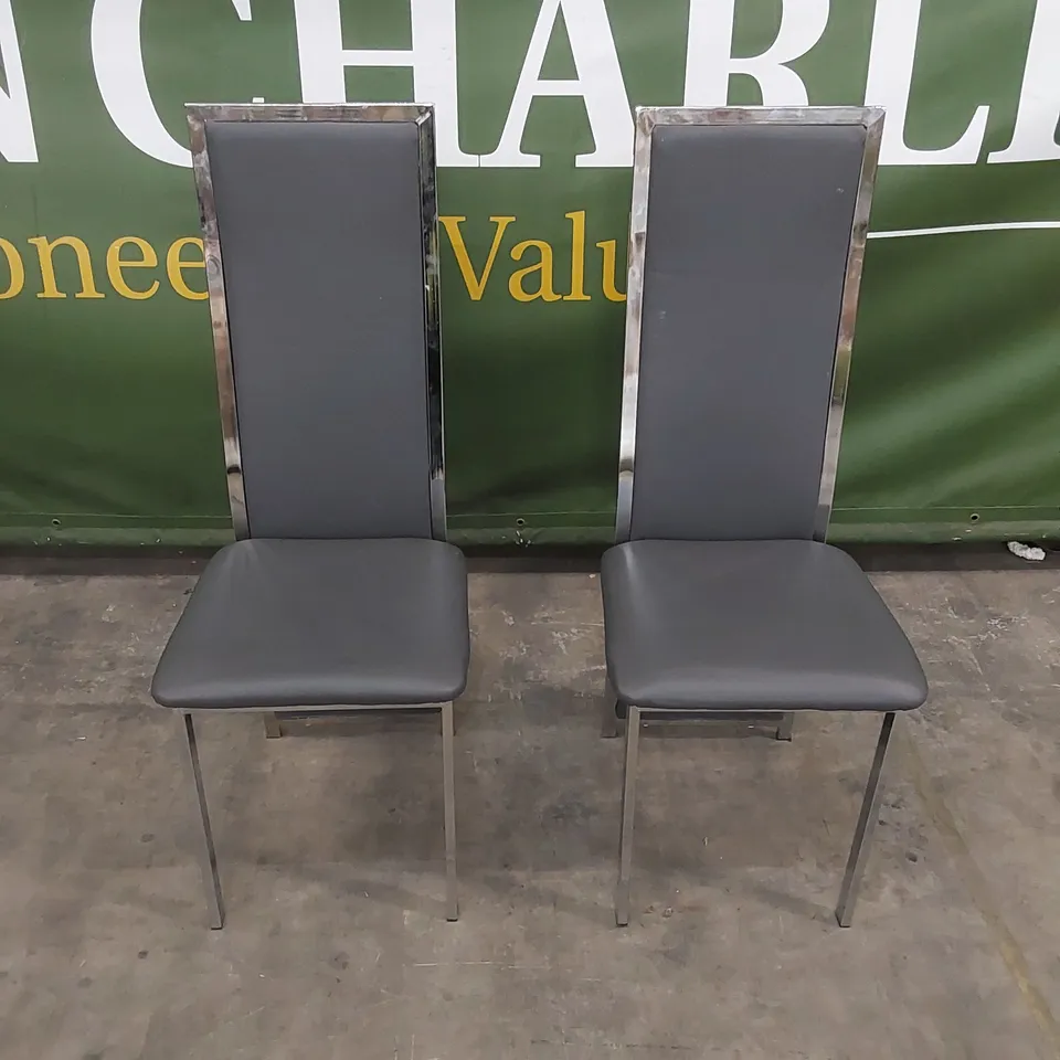 SET OF 2 CELESTE GREY FAUX LEATHER AND CHROME DINING CHAIRS